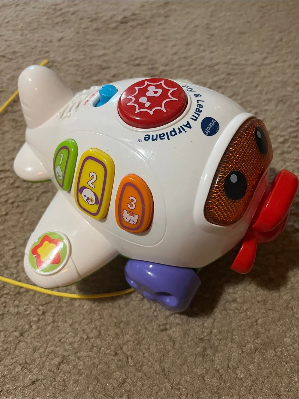 Interactive White Pull-Along Learning Airplane Toy with Colorful Buttons